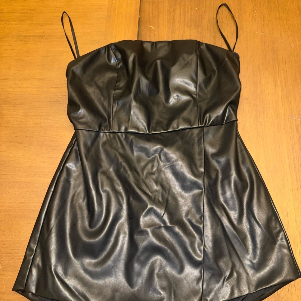 superdown Black Faux Leather Mini Dress with Spaghetti Straps